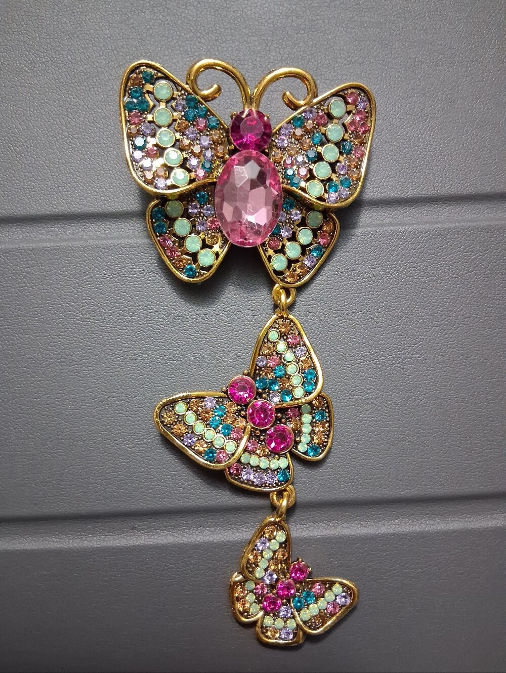 Multicolor Pink Dangle Butterfly Brooch